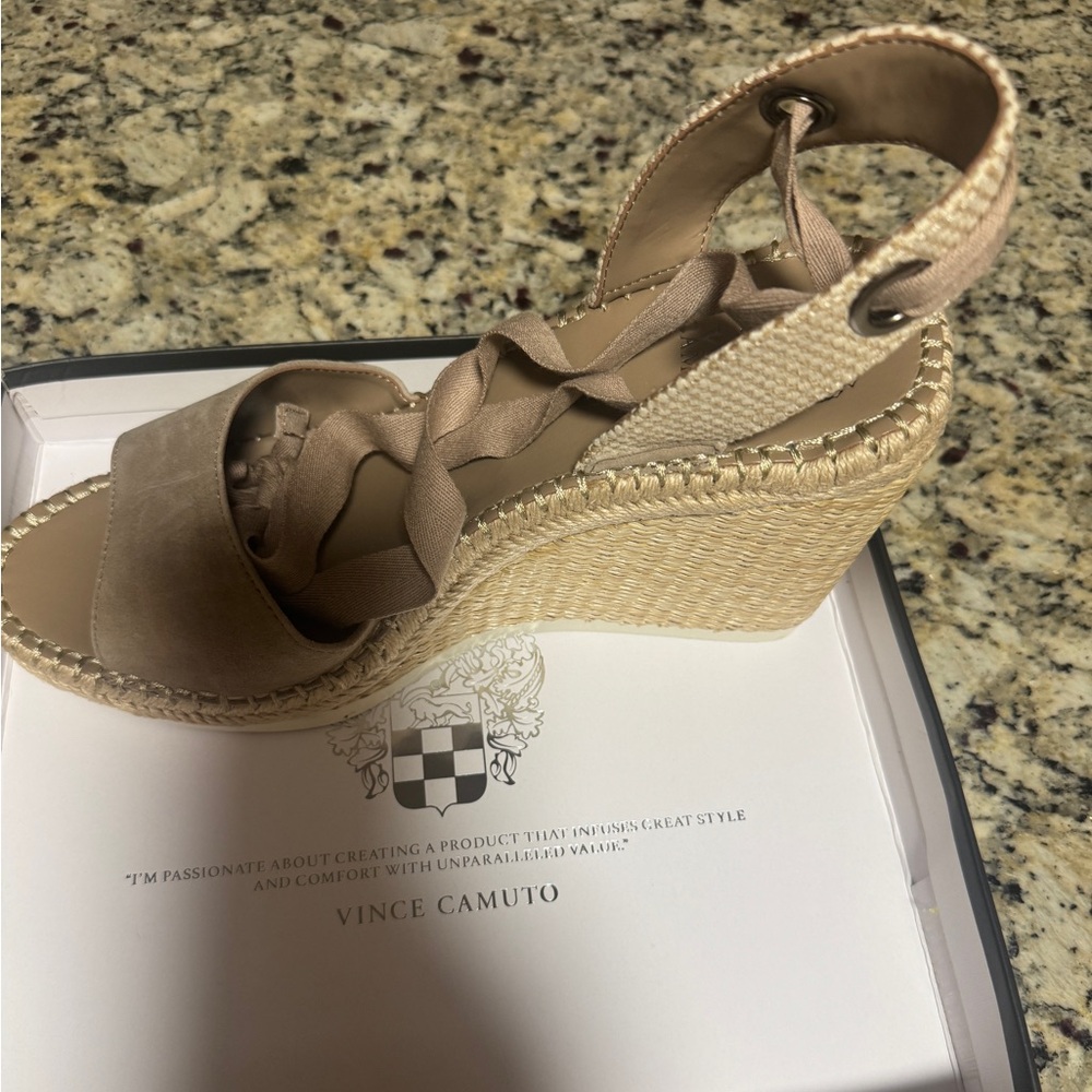Vince Camuto Taupe Espadrille Wedge with Ankle Wrap